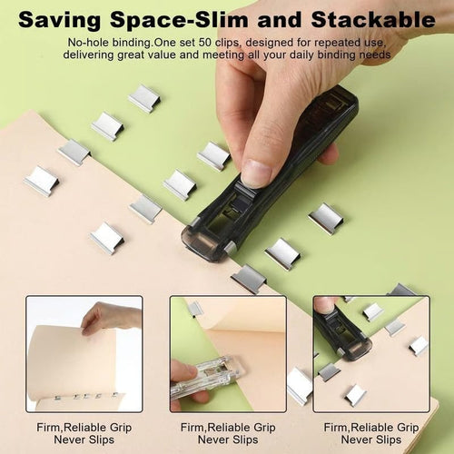 Portable Binder Clip Stapler- Includes 50 reusable clips