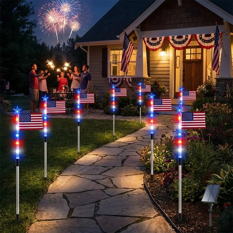 🔥8 Solar American Flag Pathway Lights – Red, White & Blue Yard Glow for 250th Independence Celebration 🇺🇸✨