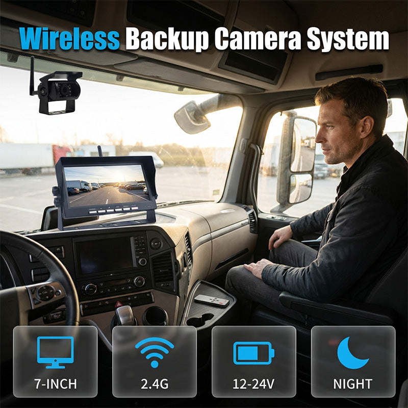 7″ Wireless Backup Camera System – Stable 2.4G signal, 12V‑24V. Perfect for trucks & RVs. 🛡️✨