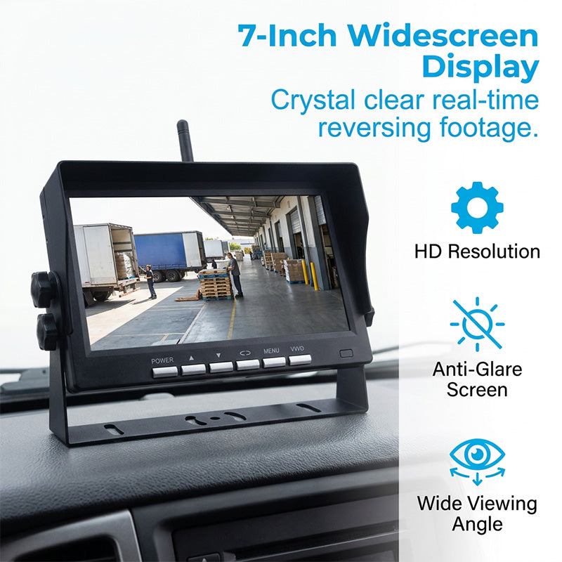 7″ Wireless Backup Camera System – Stable 2.4G signal, 12V‑24V. Perfect for trucks & RVs. 🛡️✨