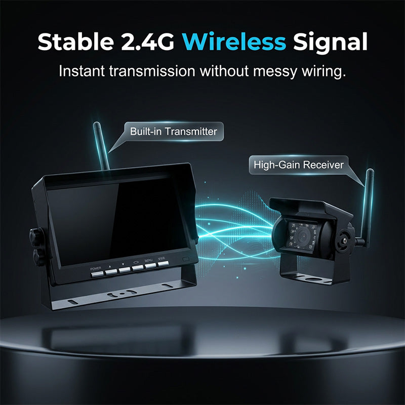 7″ Wireless Backup Camera System – Stable 2.4G signal, 12V‑24V. Perfect for trucks & RVs. 🛡️✨