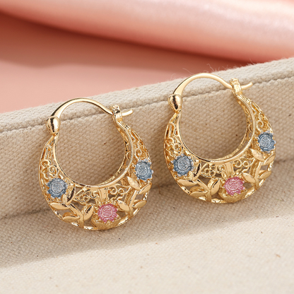 Gold-Plated Crescent Hoop Earrings with Enamel Flowers